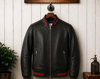 Italian Stripe Mens Genuine Leather Jacket - Black Textured Luxury Bomber Coat