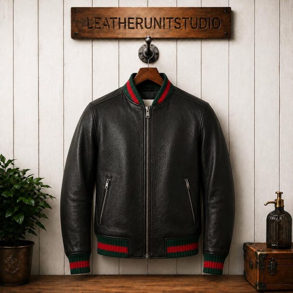 Italian Stripe Mens Genuine Leather Jacket - Black Textured Luxury Bomber Coat