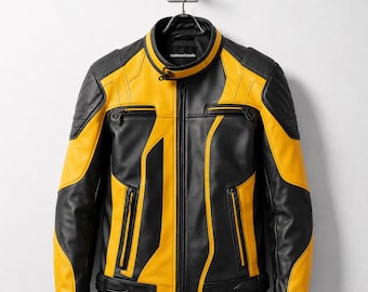 Yellow Black Leather Motorcycle Jacket Slim Fit Biker Handmade Cafe Racer Sport Riding Coat