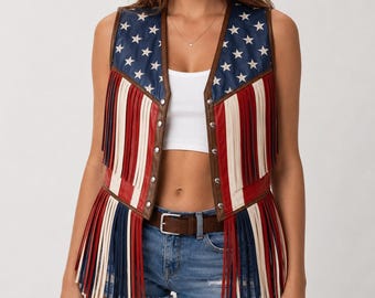 Handmade Leather Fringe Vest – Patriotic USA Flag, Western Rodeo Gilet