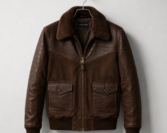 Men's Handmade Croco Embossed Leather Bomber Jacket, Suede Aviator Flight Coat