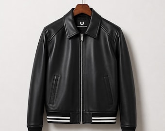 Men’s Black Bomber Leather Jacket | Genuine Varsity Biker Coat