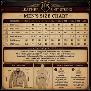 May include: A size chart for jackets by Leather Unit Studio with a grid displaying measurements in inches for chest, waist, length, shoulder, sleeve, and wrist across sizes XS to 6XL, including instructions on how to measure and select a fit.