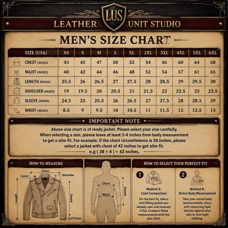 May include: A size chart for jackets by Leather Unit Studio with a grid displaying measurements in inches for chest, waist, length, shoulder, sleeve, and wrist across sizes XS to 6XL, including instructions on how to measure and select a fit.