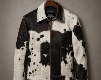 Mens Hair on Hide Leather Jacket, Western Cowhide Spotted Fur Coat