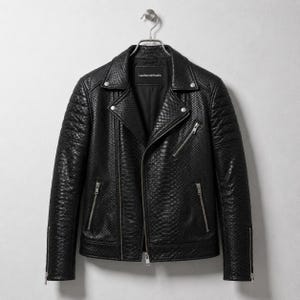 Herren Python Lederjacke Schwarzer Schlangenleder Präge Biker Moto Mantel