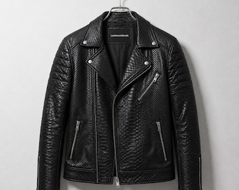 Mens Python Leather Jacket Black Snakeskin Embossed Biker Moto Coat