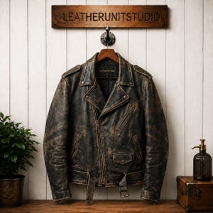Men’s distressed black leather biker jacket hanging on wooden wall, vintage moto cowhide coat with metal zippers, lapels, and rugged worn finish.