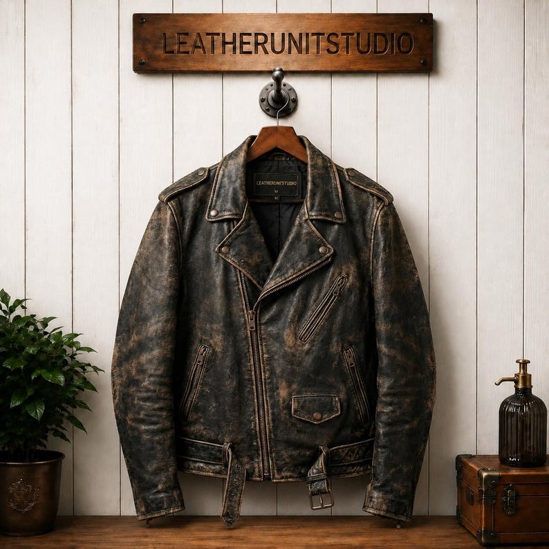 Men’s distressed black leather biker jacket hanging on wooden wall, vintage moto cowhide coat with metal zippers, lapels, and rugged worn finish.