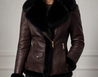 Handmade Espresso Leather Shearling Jacket - Women's Aviator Bomber Coat
