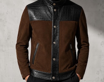 Men's Brown Suede Black Croc Leather Biker Jacket, Artisan Motorcycle Coat