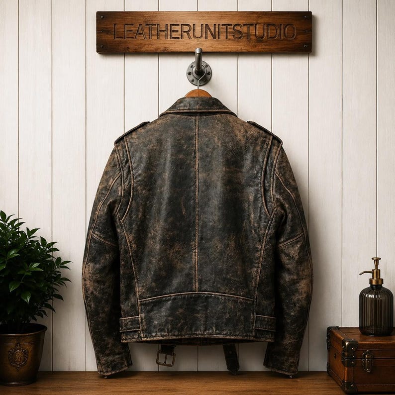 Men’s distressed black leather biker jacket hanging on wooden wall, vintage moto cowhide coat with metal zippers, lapels, and rugged worn finish.