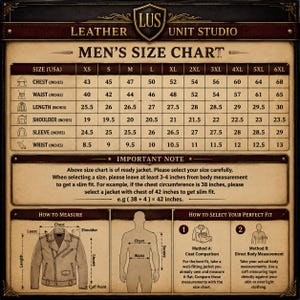 May include: A size chart for jackets by Leather Unit Studio with a grid displaying measurements in inches for chest, waist, length, shoulder, sleeve, and wrist across sizes XS to 6XL, including instructions on how to measure and select a fit.
