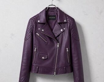 Womens Purple Leather Biker Jacket Genuine Sheepskin Quilted Moto Coat
