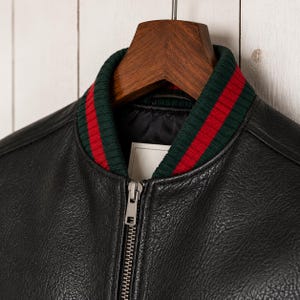 Front view of a model wearing a premium mens genuine leather jacket in textured black with vertical red and green Italian style stripes on the chest and sleeves.