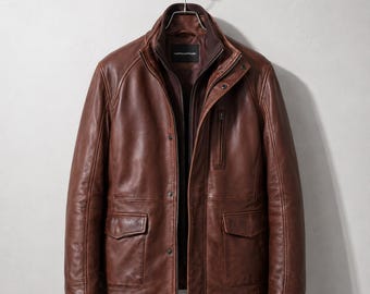 Vintage Brown Leather Field Coat With Removable Inner Bib Men's Car Moto Jacket