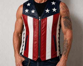 Men's American Flag Leather Biker Vest, Handmade Cowhide Stars Stripes Waistcoat