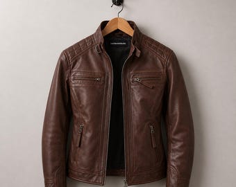 Vintage Brown Lambskin Biker Leather Jacket, Handmade Women Slim Fit Moto Coat