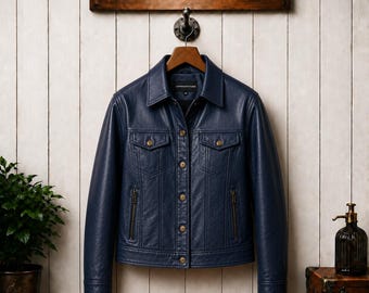 Handmade Navy Blue Leather Jacket for Women - Classic Denim Style Coat