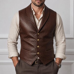 Peut inclure: Un gilet en cuir marron foncé avec un motif texturé en peau de crocodile, un large col châle et quatre boutons métalliques ronds sur le devant. Le gilet est porté sur une chemise à manches longues beige clair et un pantalon marron foncé.