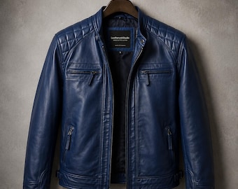 Blue Lambskin Leather Biker Jacket, Men Slim Fit Cafe Racer Coat
