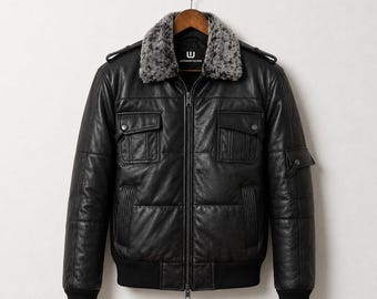 Men’s Black Leather Puffer Bomber Jacket | Aviator Fur Collar Coat