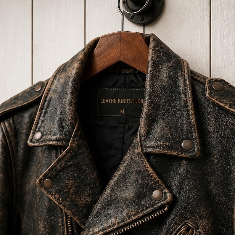 Men’s distressed black leather biker jacket hanging on wooden wall, vintage moto cowhide coat with metal zippers, lapels, and rugged worn finish.
