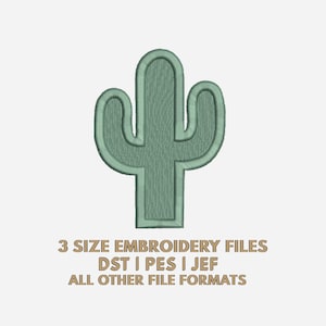 Puede incluir: Un diseño de bordado de cactus verde salvia con un tallo central y dos brazos laterales. Debajo del cactus, el texto dice: 3 SIZE EMBROIDERY FILES, DST | PES | JEF, ALL OTHER FILE FORMATS. El diseño está representado en un estilo de bordado digital.