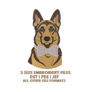 May include: An embroidery design of a German Shepherd dog wearing a light grey bow tie. Below the dog, the text reads: 3 SIZE EMBROIDERY FILES, DST | PES | JEF, ALL OTHER FILE FORMATS. The dog features tan and dark brown fur markings.