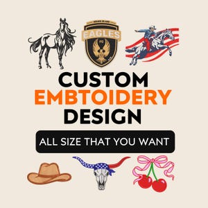 Może przedstawiać: Grafika z tekstem CUSTOM EMBTOIDERY DESIGN oraz ALL SIZE THAT YOU WANT. Ilustracje przedstawiają konia, tarczę herbową Grand Island Eagles FC, kowboja na koniu, brązowy kapelusz kowbojski, czaszkę bydła długorogiego oraz dwie czerwone wiśnie.