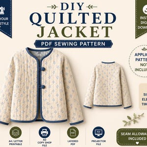 DIY Quilted Jacket PDF Sewing Pattern | Women's Jacket Pattern | Beginner Quilt Coat | Open Front Jacket | S-XL | Digital Download