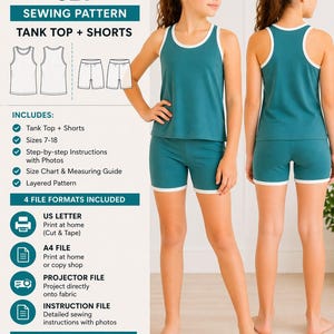 Può includere: Un modello di cucito per un set canotta e pantaloncini turchese per bambini. L'immagine mostra una ragazza che indossa l'outfit. Il modello include canotta e pantaloncini, taglie 7-18, istruzioni passo passo, una tabella delle taglie e un modello a strati.