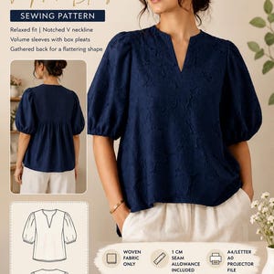 Può includere: Un cartamodello per camicetta blu navy intitolato Willow V Neck Blouse. Il design presenta uno scollo a V dentellato, maniche voluminose con pieghe a scatola e schiena arricciata. Taglie dalla XXS alla 5XL, margine di cucitura di 1 cm, file A4, A0 e proiettore.