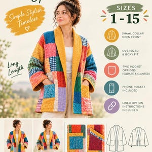 May include: Digital sewing pattern for the Chozy Chic Open Front Jacket. Features include a shawl collar, oversized boxy fit, two pocket options, and a phone pocket. Includes instructions for long and cropped lengths, sizes 1-15.