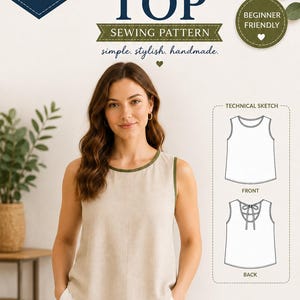 May include: A PDF sewing pattern for a sleeveless top with a beige bodice and olive green trim. The graphic includes the text "WOMEN'S Sleeveless TOP SEWING PATTERN" and a technical sketch showing front and back views with a tie detail at the neckline.