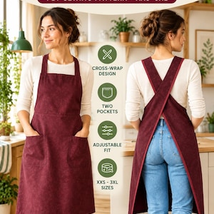 Könnte beinhalten: Eine dunkelrote Schürze mit überkreuzten Trägern und zwei Vordertaschen, von vorne und hinten abgebildet. Der Text lautet CROSS WRAP APRON, PDF SEWING PATTERN, XXS-3XL, CROSS-WRAP DESIGN, TWO POCKETS, ADJUSTABLE FIT, XXS-3XL SIZES, A4, A0, US LETTER.