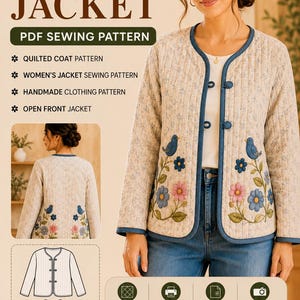 May include: A PDF sewing pattern for a quilted jacket featuring a cream-colored fabric with a blue floral print, blue trim, and embroidered blue birds and flowers. The pattern includes A4, letter, A0, and projector files for sizes S through XL.