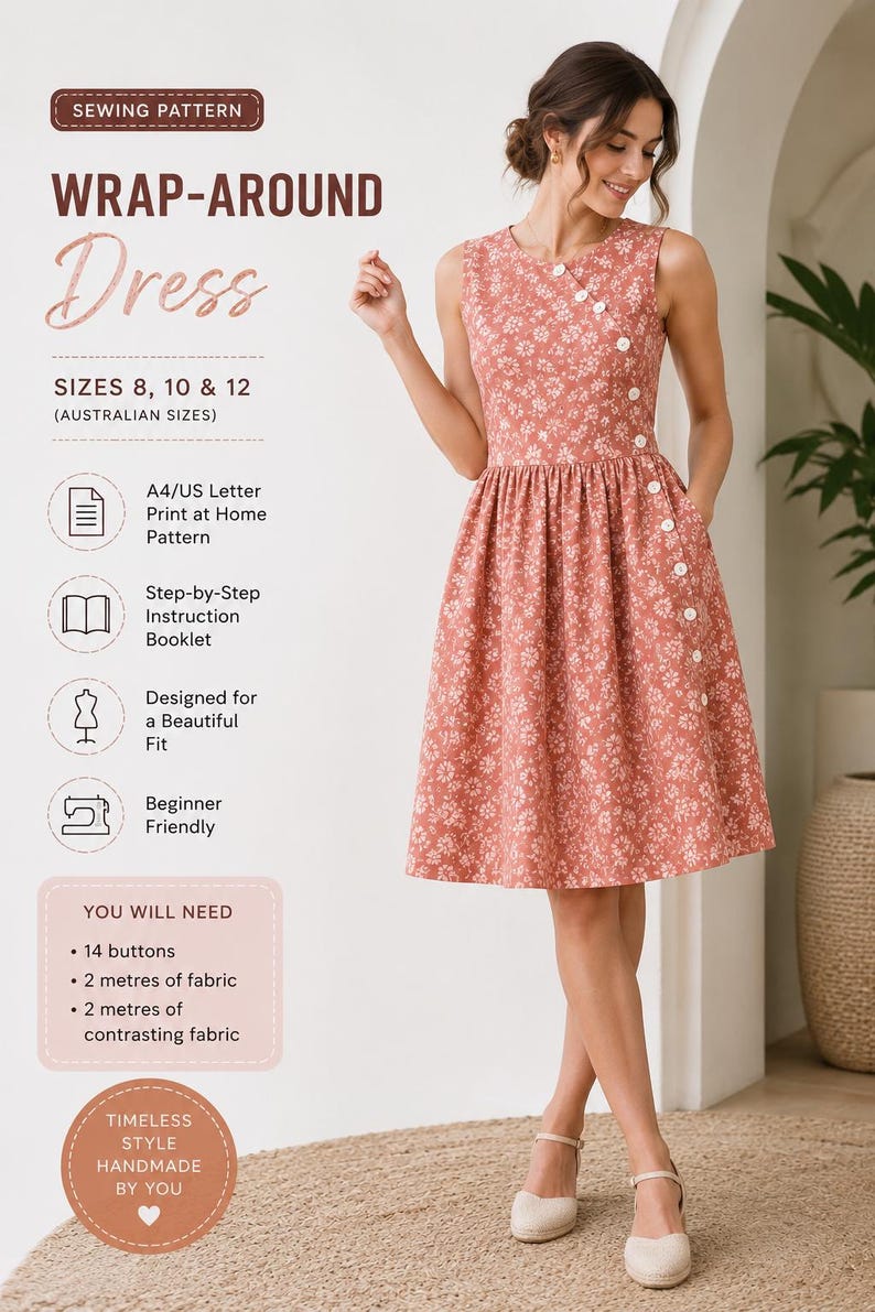 Reversible Wrap Dress Sewing Pattern, Vintage Style, Beginner Friendly ...