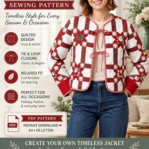 Puede incluir: Un patrón de costura para una chaqueta acolchada con un diseño de estrellas a cuadros en rojo, blanco y verde y motivos de Papá Noel. La chaqueta presenta un cuello redondo, mangas largas y un cierre frontal de lazos. Texto: Quilted Jacket.