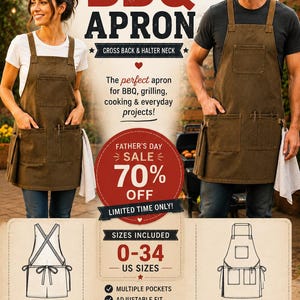 May include: A digital sewing pattern for a brown BBQ apron featuring cross-back and halter neck styles. The design includes multiple pockets, adjustable fit, and five height options. The pattern is available for instant download and printing.