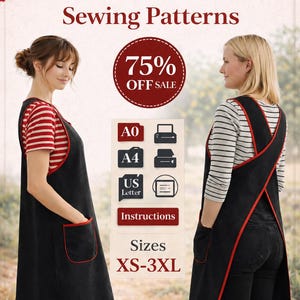 May include: An advertisement for Japanese cross-back sewing patterns. Two people model black aprons with red trim. Text includes "Japanese Cross Back Sewing Patterns", a "75% OFF SALE" badge, and sizes XS-3XL.
