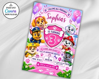 Modello di invito di compleanno a tema cuccioli modificabile, invito per feste per bambini, compleanno a tema cuccioli di Puppy Patrol per bambini e bambine, download da Canva