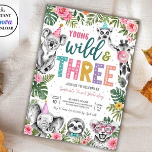 May include: A rectangular birthday invitation card featuring watercolour illustrations of a koala, lemur, giraffe, elephant, sloth, and leopard wearing party hats and accessories. The text reads Young Wild & Three, Sophia's Third Birthday.