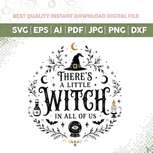 Op de afbeelding: Een zwart en goud digitaal grafisch ontwerp met de tekst There's a little witch in all of us, omringd door een heksenhoed, een glazen bol, een flesje, een kaars, vleermuizen, sterren, manen en bladerrijke takken in een cirkelvormige opstelling.