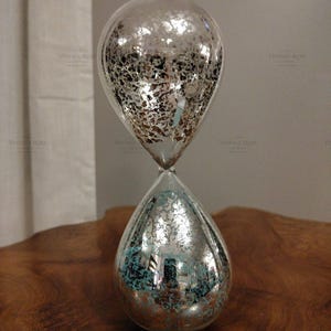 Mercury Glass Hourglass — Silver &amp; Teal Decorative Sand Timer, Frameless Glass Ornament, 8.25"