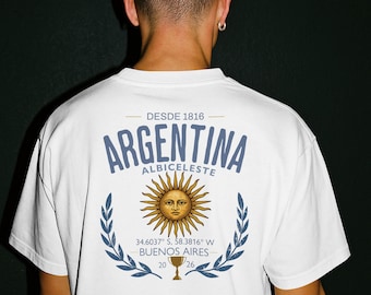 World Cup Collection, Argentina Sun Crest T-Shirt, Buenos Aires Coordinates, Albiceleste Soccer Tee, Football Shirt, Luxury Shirt, Tee