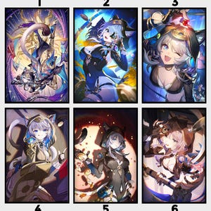 May include: A collection of six digital art prints featuring an anime-style character with cat ears and a hood, depicted in various dynamic poses and settings with vibrant blue, gold, and dark color palettes, showcasing intricate fantasy attire.