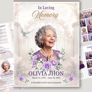May include: A funeral program template featuring a portrait of an older woman with gray hair wearing a purple top. The design includes purple roses, a white dove, and a golden gate background with the text In Loving Memory and Olivia Jhon.
