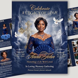 Könnte beinhalten: Eine Trauerprogramm-Vorlage mit dem Porträt einer Frau in einem blauen Spitzenkleid, die einen Fächer hält. Der Text lautet Celebrate A LEGACY OF LOVE, Anna John, Sunrise July 11, 1993, Sunset May 16, 2023, und In Loving Memory Gathering.