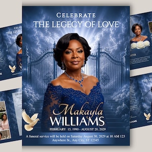 Peut inclure: Un modèle de programme funéraire avec le portrait d'une femme en robe de dentelle bleu foncé. L'arrière-plan montre une porte lumineuse sous un ciel nuageux. Le texte inclut CELEBRATE THE LEGACY OF LOVE, Makayla WILLIAMS et les détails.